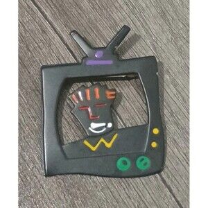 Television TV  Antenna Man Red Yellow Green Purple Enamel Black Vintage Brooch
